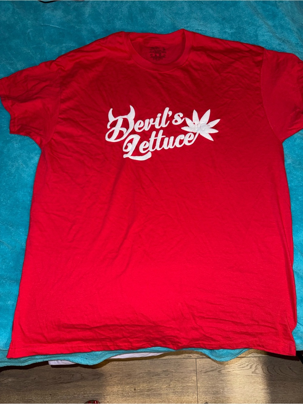 Fruit of the Loom Red Short-Sleeve Tee with White 'Devil's Lettuce' Script